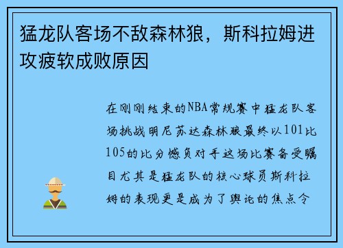 猛龙队客场不敌森林狼，斯科拉姆进攻疲软成败原因