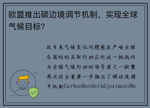 欧盟推出碳边境调节机制，实现全球气候目标？